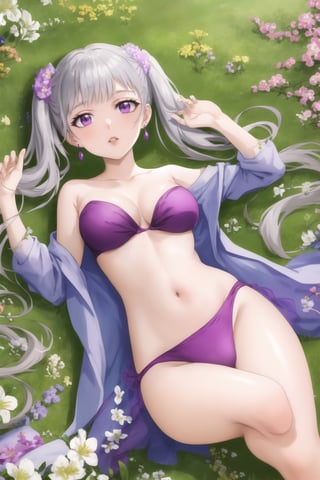masterpiece, best quality, highres,Sexy, noelle_silva, dreamy purple eyes, earrings, with astounding soft skin and soft pale body, body covered in noelles flowers, (twintail silver hair:1.05), sensual look, looking at you, lips, lying on a field of noelles, fulll body, frontal view, strange fashion Women'sday_theme (Professional illustration)