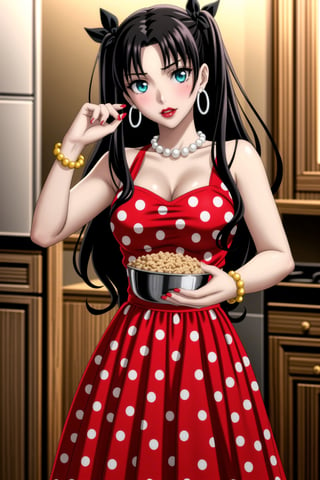 ((best quality)),  ((highly detailed)),  masterpiece,1girl, 1girl,  seductive smile, solo,   (Stepford),lips, makeup, lipstick,red lips, (pose),(polka dot:1.4), (polka dot dress:1.4),(pearl necklace:1.2), pearl bracelet, bare shoulders,(red dress:1.2),aroused, blush ,standing,  (large pearl necklace), (hoop earrings:1.2), looking at viewer, standing, cowboy shot, kitchen, cooking, indoors, house, windows, cortain, food,rin tohsaka, aqua eyes, (black hair:1.5), hair ribbon, long hair, ribbon, sidelocks, two side up, (parted bangs:1.5),<lora:659111690174031528:1.0>