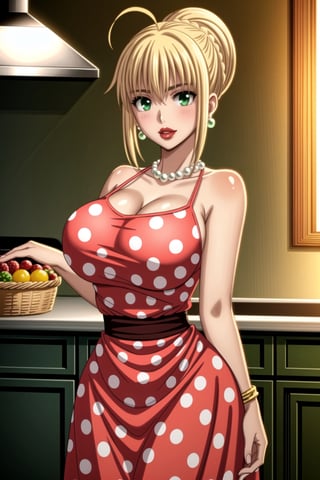 ((best quality)),  ((highly detailed)),  masterpiece,1girl, 1girl,  seductive smile, solo,   (Stepford),lips, makeup, lipstick,red lips, (pose),(polka dot:1.4), (polka dot dress:1.4),(pearl necklace:1.2), pearl bracelet, bare shoulders,(red dress:1.2),aroused, blush ,standing,  (large pearl necklace), (hoop earrings:1.2), looking at viewer, standing, cowboy shot, kitchen, cooking, indoors, house, windows, cortain, food,artoria pendragon, artoria pendragon \(fate\), saber, blonde hair, (green eyes:1.5), ahoge, sidelocks, hair bun, single hair bun, braid,b1mb0,<lora:659111690174031528:1.0>
