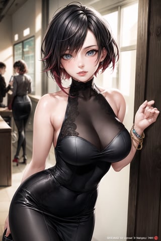 ((best quality)),  ((highly detailed)),  masterpiece,  ((official art)), (ruby rose), lips, sleeveless, bare shoulders, figure, turtleneck, black pencil skirt, office, lady office, black shirt, shirt_tucked_in, building, bracelet, parted lips, cellphone picture, indoors, intricately detailed, hyperdetailed, blurry background, depth of field, best quality, masterpiece, intricate details, tonemapping, sharp focus, hyper detailed, trending on Artstation, 1 girl, high res, official art,