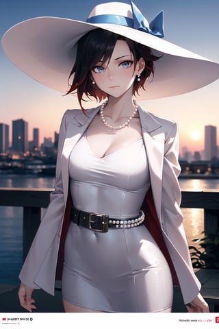 (best quality), (highly detailed), masterpiece, (official art), ,(ruby rose:1.2), lips:1.2, lips, blue earrings:1.3,jewelery:1.3, circlet:1.2, ((long sleeves, hat, dress, ribbon, closed mouth, collarbone, jacket,  belt, white dress,  white headwear, hat ribbon, blue ribbon, blue suit:1.2, pearl necklace:1.3, cropped suit, sun hat, v arms:1.3)), looking at viewer, china, asiática, city, night, sky,  (intricately detailed, hyperdetailed), blurry background,depth of field, best quality, masterpiece, intricate details, tonemapping, sharp focus, hyper detailed, trending on Artstation,1 girl, high res, official art,StandingAtAttention,bestiality