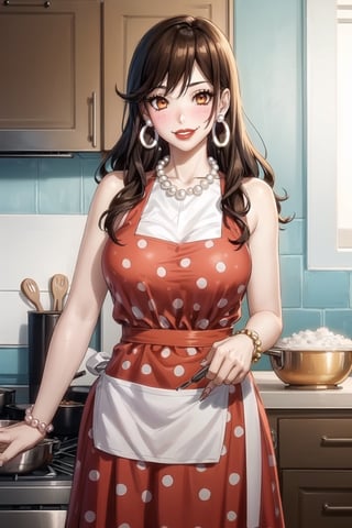 ((best quality)),  ((highly detailed)),  masterpiece,1girl, 1girl,  evil smile:1.2, smug, seductive smile, solo,   (Stepford),lips, makeup, lipstick,red lips, (pose:1.3),(polka dot:1.4), (polka dot dress:1.4),(pearl necklace:1.2), pearl bracelet, bare shoulders,(red dress:1.2),(aroused), blush ,standing,  (large pearl necklace), (hoop earrings:1.2),  (apron), blush,fingernails, kitchen, cooking, indoors, house, windows, cortain, food, hori kyouko, brown hair, orange eyes