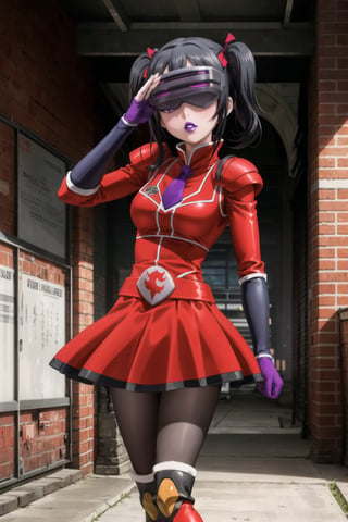 (best quality), (highly detailed), masterpiece, (official art),niko yazawa,black hair, twintails, hair ribbon, mature_female, 1girl, solo, ((head-mounted display)), ((purple lips:1.2)), (team flare:1.2),  gloves,((armor, juliet_sleeves:1.2)), long_sleeves , pleated skirt,  necktie, red dress, belt, red dress, (pantyhose, red footwear1.2), (lips:1.2), ((arms at sides)),, cowboy shot, looking at viewer, indoors, blurry background,depth of field, best quality, masterpiece, intricate details, tonemapping, sharp focus, hyper detailed, trending on Artstation, salute, 