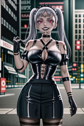 ((best quality)),  ((highly detailed)),  masterpiece, (Black lips:1.4),  ((official art)),  detailed face,  beautiful face, narrow_waist:1.3, dominatrix:1.3,puffy_short_sleeves, (sukunatattoo:1.3, maid:1.4) , (intricate black dress:1.4),top tube,  navel, midriff, (pubic tattoo:1.3), (detailed eyes,  deep eyes),(science fiction, cyberpunk:1.3, street, shopping, dark background),((smirk, grin, naughty face, seductive smile, smug)) ,,(lips), ((noelle_silva, silver hair,twintails, bangs, earrings, jewelry)) ,(red eyes:1.3),  cross-laced clothes:1.3, (spiked bracelet), corset:1.4, hoop earring, curvaceous, voluptuous body, (makeup) (lips:1.3), (latex),  (black tube top:1.2), gloves, elbow gloves, skirt, black choker, belt, pencil skirt, pantyhose, miniskirt, (black skirt), black gloves, black legwear, black choker ,large breasts, (intricately detailed, hyperdetailed), blurry background, depth of field, best quality, masterpiece, intricate details, tonemapping, sharp focus, hyper detailed, trending on Artstation, 1 girl, solo, high res, official art,RockOfSuccubus,,StandingAtAttention,,<lora:659111690174031528:1.0>