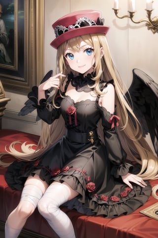 ((best quality)),  ((highly detailed)),  masterpiece,  ((official art)),  aaserena, solo, long hair, eyewear on headwear, pink headwear, eyelashes, blue eyes,,  Fallen Angel,  chess, black ornate crown, Angel of Darkness, frilled dress, black dress, lace-up dress, lolita fashion, smirk, looking at viewer, portrait, purple roses, vintage, gothic, bandages on legs, bandages, long sleeves, wide sleeves, frilled sleeves