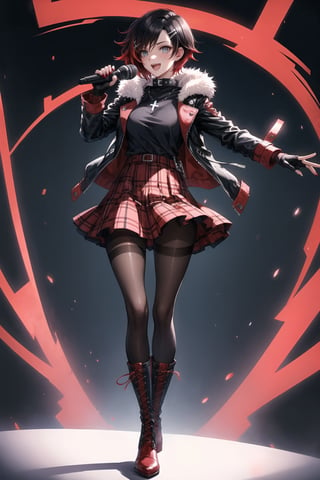 ((best quality)),  ((highly detailed)),  masterpiece,1girl, solo, smile, open mouth, skirt, shirt, hair ornament, gloves,  holding, jacket, full body, pantyhose,  boots, black gloves, hairclip, fingerless gloves, collar, two-tone hair, red hair, black jacket, plaid, black shirt, red skirt, plaid skirt, red footwear, microphone, red nails, spikes, cross-laced footwear, music, leather, holding microphone, singing, leather jacket ,(ruby rose:1.3)