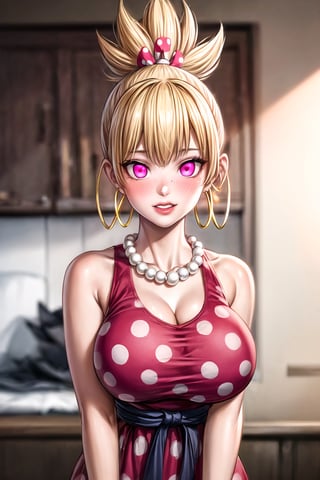 (best quality), (highly detailed), masterpiece, (official art),(kohaku, blonde hair, blue eyes, hair ornament, ponytail),(Stepford),lips, makeup, lipstick,red lips,smile, (pose),(polka dot:1.4), (polka dot dress:1.4),(pearl necklace:1.2), pearl bracelet, bare shoulders,(red dress:1.2),(aroused), nose blush ,standing, big breasts, (large pearl necklace), (hoop earrings:1.2), (intricately detailed, hyperdetailed), blurry background,depth of field, best quality, masterpiece, intricate details, tonemapping, sharp focus, hyper detailed, trending on Artstation,1 girl, high res,facing viewer, official art