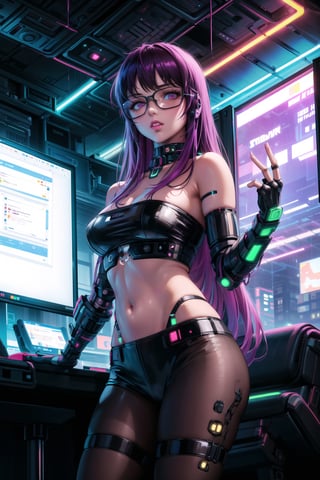 masterpiece,best quality,highres,ultra-detailed,purple hair, long hair, Saori, ((hacker)), ((black tube top,navel)),fishnets ,computer, monitor, wive, cable,(( cyberpunk)), indoors, neon nigth, ((Cyborg)), ((star wars)), chip, cyberpunk, collar, confident and curious gaze, futuristic cyberpunk hacker attire, high-tech bodysuit with glowing circuitry patterns, fingerless gloves and augmented reality glasses, underground hacker den, surrounded by screens displaying code and data, typing rapidly on a holographic keyboard, exuding intelligence and tech-savviness, cyberpunk and gritty atmosphere, dark color palette with neon highlights