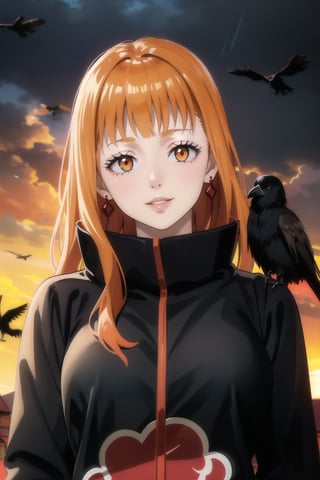 anime, hdr, soft light, ((best quality)), ((masterpiece)), (detailed), mimosa vermillion, wavy hair:1.2, red eyes, red earrings, red hair, orange hair, lips, makeup, head tilt, evil smile:1.2, (lips), (akatsuki outfit:1.2),high neck, high_collar, black dress, long sleeves, looking at viewer, upper body, dutch angle, village, (((crows))),sunset, rain, water drop, nature, ,akatsuki outfit, bird, crow, eagle, black feathers, bird on shoulder, sunset, orange sky, outdoors, upper body,fantasy00d,