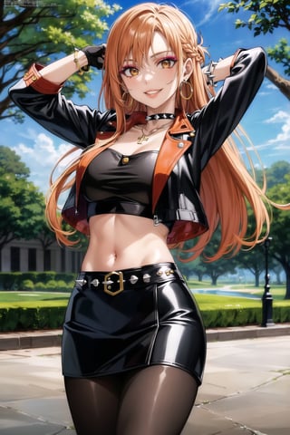 (best quality), (highly detailed), masterpiece, (official art), , aaasuna ,brown eyes, long hair, (orange hair), (multicolores hair:1.2, red hair:1.2), smirk, grin, smile, cross-laced clothes,  (spiked bracelet),  necklace, corset,  bustier, park,  hoop earring, (pose) ,navel, (makeup:1.3) (lips:1.3), (arms_behind_head:1.2) ,(seductive pose:1.2), (latex), (black top),  (black tube top:1.2), gloves,  fingerless gloves, ((jacket)),  skirt,  black choker,  black leather jacket,  (dark jacket), belt,  pencil skirt,  pantyhose,  open jacket,  miniskirt,  (black skirt),  black gloves,  black legwear,  black choker,  medium breast,  standing, , (park), (tree), standing (intricately detailed,  hyperdetailed),  blurry background, depth of field,  best quality,  masterpiece,  intricate details,  tonemapping,  sharp focus, hyper detailed, trending on Artstation,1 girl, solo,high res,official art, ,edgCJ