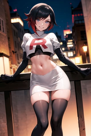 (best quality), (highly detailed), masterpiece, (official art), (ruby rose:1.2), posing, ( evil smile:1.2), Team Rocket, cropped jacket, white jacket, crop top, jacket, gloves, black gloves, elbow gloves, navel, midriff, white skirt, miniskirt, skirt, thighhighs,, looking at viewer, china, asiática, city, night, sky, (intricately detailed, hyperdetailed), blurry background,depth of field, best quality, masterpiece, intricate details, tonemapping, sharp focus, hyper detailed, trending on Artstation,1 girl, high res, official art