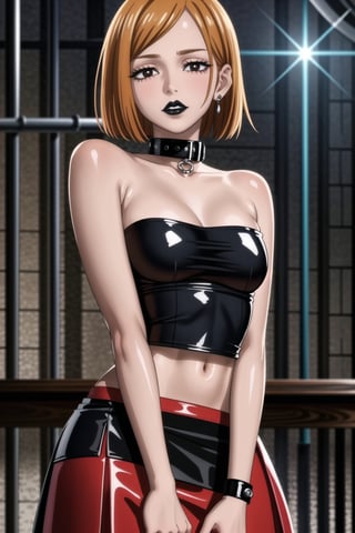 ((best quality)), ((highly detailed)), masterpiece, (black lips:1.4), ((official art)), detailed face, beautiful face, nobara kugisaki, brown hair, Orange hair, black eyes,(lips), 1girl, solo,  looking at viewer, earrings, jewelry, blush, collarbone, jewlery, ((miniskirt)),(latex:1.4), navel, (black tank top), ((strapless:1.2)), pleated skirt, ,  (intricately detailed, hyperdetailed), blurry background, depth of field, best quality, masterpiece, intricate details, tonemapping, sharp focus, hyper detailed, trending on Artstation, 1 girl, solo, high res, official art ,collar,b1mb0,StandingAtAttention,empty 
eyes,RockOfSuccubus,,,<lora:659111690174031528:1.0>