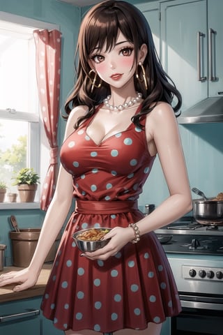 ((best quality)),  ((highly detailed)),  masterpiece,1girl, 1girl,  seductive smile, solo,   (Stepford),lips, makeup, lipstick,red lips, (pose),(polka dot:1.4), (polka dot dress:1.4),(pearl necklace:1.2), pearl bracelet, bare shoulders,(red dress:1.2),aroused, blush ,standing,  (large pearl necklace), (hoop earrings:1.2), looking at viewer, standing, cowboy shot, fingernails, kitchen, cooking, indoors, house, windows, cortain, food, hori kyouko
