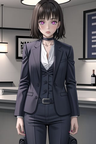 ((best quality)),  ((highly detailed)),  masterpiece,1girl, 1girl, (lips:1.2), expressionless,nail polish, solo,   black pants,  formal,  black jacket,  open jacket,  (white shirt),  belt, ,  black jacket, (black suit),  long sleeves,  shirt tucked in,, (black choker), blush, earrings, black nails, looking at viewer, standing, cowboy shot, fingernails,  bar,outdoor,lamp,nigth,space, alcohol, sexy pose:1.2, purple nails, wristband ,Mimiko, short hair, bangs, brown hair, pink  eyes, bob cut,,StandingAtAttention,,<lora:659111690174031528:1.0>