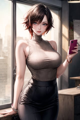 ((best quality)),  ((highly detailed)),  masterpiece,  ((official art)), (ruby rose), lips, sleeveless, bare shoulders, figure, turtleneck, black pencil skirt, office, lady office,shirt_tucked_in, building, bracelet, parted lips, cellphone picture, indoors, intricately detailed, hyperdetailed, blurry background, depth of field, best quality, masterpiece, intricate details, tonemapping, sharp focus, hyper detailed, trending on Artstation, 1 girl, high res, official art,