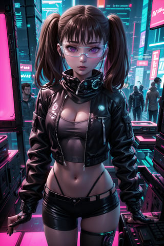 masterpiece,best quality,highres,ultra-detailed,diane, ((twintails)), purple eyes, brown hair, bangs,  ((hacker)), ,fishnets ,computer, monitor, wive, cable,(( cyberpunk)), indoors, neon nigth, jacket, ((Cyborg)), ((star wars)), chip, cyberpunk, collar, confident and curious gaze, futuristic cyberpunk hacker attire, high-tech bodysuit with glowing circuitry patterns, standing,fingerless gloves and augmented reality glasses, underground hacker den, surrounded by screens displaying code and data, typing rapidly on a holographic keyboard, exuding intelligence and tech-savviness, cyberpunk and gritty atmosphere, dark color palette with neon highlights,((cyberpunk glasses)), 