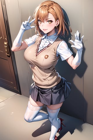 ((best quality)),  ((highly detailed)),  masterpiece,1girl, ((closed_mouth, sparkling_eyes, smug, shaded_face,evil smile)),(large breasts), tokiwadai school uniform, sweater vest, short sleeves, (((high heels))),((white gloves, elbow gloves)), pleated skirt, white thighhighs ,1girl, lips:1.3, red lips, makeup:1.3, ((gyaru)) ,jewelry, blush, earrings, looking at viewer, standing, cowboy shot, red hair, school, short hair, aamikoto ,hmmisaki,hypnoCollar,V-shaped eyebrows, 1girl, symbol-shaped pupils, +_+, 