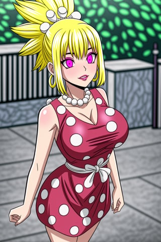 (best quality), (highly detailed), masterpiece, (official art),(kohaku, blonde hair, blue eyes, hair ornament, ponytail),(Stepford),lips, makeup, lipstick,red lips,smile, (pose),(polka dot:1.4), (polka dot dress:1.4),(pearl necklace:1.2), pearl bracelet, bare shoulders,(red dress:1.2),(aroused), nose blush ,standing, big breasts, (large pearl necklace), (hoop earrings:1.2), (intricately detailed, hyperdetailed), blurry background,depth of field, best quality, masterpiece, intricate details, tonemapping, sharp focus, hyper detailed, trending on Artstation,1 girl, high res,facing viewer, official art,,boichi anime style,,<lora:659111690174031528:1.0>