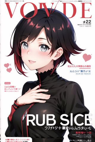 masterpiece, best quality, highres, ((ruby rose)),magazine cover, 1girl, looking at viewer, smile, (upper body), magazine cover, 1girl, looking at viewer, blush,  shirt, long sleeves, white background, dress, school uniform, heart,  parted lips, artist name,  black dress, string, string of fate, academy school uniform, 