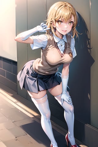 ((best quality)),  ((highly detailed)),  masterpiece,1girl, ((sparkling_eyes, smug, shaded_face,evil smile)),(large breasts), tokiwadai school uniform, sweater vest, short sleeves, (((high heels))),((white gloves, elbow gloves)), pleated skirt, white thighhighs ,1girl, lips:1.3, red lips, makeup:1.3, ((gyaru)), blonde hair, school, short hair, aamikoto, leaning_forward,1girl, symbol-shaped pupils, +_+, 