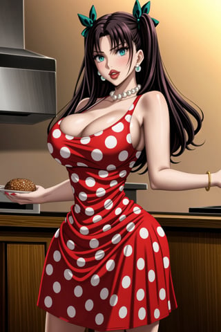 ((best quality)),  ((highly detailed)),  masterpiece,1girl, 1girl,  seductive smile, solo,   (Stepford),lips, makeup, lipstick,red lips, (pose),(polka dot:1.4), (polka dot dress:1.4),(pearl necklace:1.2), pearl bracelet, bare shoulders,(red dress:1.2),aroused, blush ,standing,  (large pearl necklace), (hoop earrings:1.2), looking at viewer, standing, cowboy shot, kitchen, cooking, indoors, house, windows, cortain, food,rin tohsaka, aqua eyes, black hair, hair ribbon, long hair, ribbon, sidelocks, two side up, (parted bangs:1.2),b1mb0,,<lora:659111690174031528:1.0>