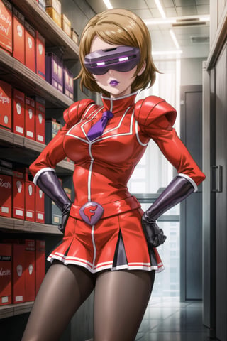 (best quality), (highly detailed), masterpiece, (official art),hanayo koizumi, brown hair, short hair, mature_female, 1girl, solo, ((head-mounted display)), ((purple lips:1.2)), (team flare:1.2),  gloves,((armor, juliet_sleeves:1.2)), long_sleeves , pleated skirt,  necktie, red dress, belt, red dress, (pantyhose, red footwear1.2), (lips:1.2), ((arms at sides)),, cowboy shot, looking at viewer, indoors, blurry background,depth of field, best quality, masterpiece, intricate details, tonemapping, sharp focus, hyper detailed, trending on Artstation, hand on hip