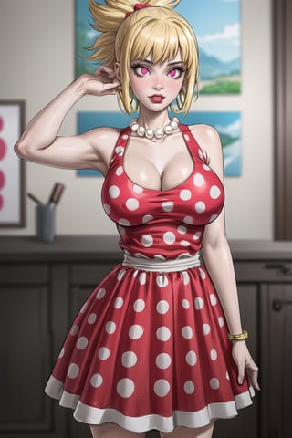 (best quality), (highly detailed), masterpiece, (official art),(kohaku, blonde hair, hair ornament, ponytail),(Stepford),lips, makeup, lipstick,red lips,smile, (pose),(polka dot:1.4), (polka dot dress:1.4),(pearl necklace:1.2), pearl bracelet, bare shoulders,(red dress:1.2),(aroused), nose blush ,standing, big breasts, (large pearl necklace), (hoop earrings:1.2), (intricately detailed, hyperdetailed), blurry background,depth of field, best quality, masterpiece, intricate details, tonemapping, sharp focus, hyper detailed, trending on Artstation,1 girl, high res,facing viewer, official art,StandingAtAttention