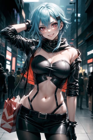 ((best quality)),  ((highly detailed)),  masterpiece,  ((official art)),  detailed face,  beautiful face,  (detailed eyes,  deep eyes),((extended_arm, presenting_gift, shopping_bag, gift_giving, front_view, gesture)),(science fiction, cyberpunk, room, dark background),((smirk, grin, naughty face, seductive smile, smug, arm behind head, hand_on_own_hip, head_tilt)),, ,cowboy shot,(lips), ,sinon1,  hair ornament,  hairclip,  cyberpunk,,  (red eyes),  cross-laced clothes, (spiked bracelet), necklace, corset, bustier, hoop earring, curvaceous, voluptuous body, navel, (makeup:1.3) (lips:1.3), (latex), (black top), (black tube top:1.2), gloves, fingerless gloves, jacket, skirt, black choker, black leather jacket, (dark jacket), belt, pencil skirt, pantyhose, open jacket, miniskirt, (black skirt), black gloves, black legwear, black choker, medium breast, conspicuous elegance, snobby, upper class elitist, possesses an arroaant charm. her Dresence commands attention and enw, (intricately detailed, hyperdetailed), blurry background, depth of field, best quality, masterpiece, intricate details, tonemapping, sharp focus, hyper detailed, trending on Artstation, 1 girl, solo, high res, official art, scarf