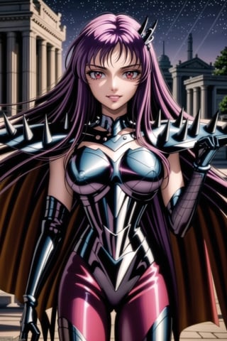 (best quality), (highly detailed), masterpiece, (official art), Saori, long hair, ((purple hair)), ((red eyes)), lips, (( evil smile)),((( black cape, nigth))),  ((latex, black armor, bodysuit, shoulder armor, spikes, pauldrons, black bodysuit )), outdoors, temple, (intricately detailed, hyperdetailed), blurry background,depth of field, best quality, masterpiece, intricate details, tonemapping, sharp focus, hyper detailed, trending on Artstation,1 girl, solo,high res,official art,<lora:659111690174031528:1.0>