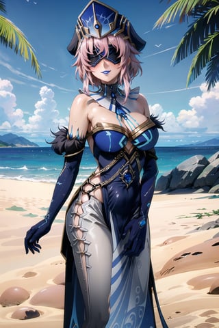 ((best quality)),  ((highly detailed)), (lisbeth, pink hair, hairclip, freckles) , masterpiece, 1girl,  evil smile:1.2, smug, seductive smile, solo, ,lips, makeup, ,standing,  ((blindfold, mask, eye mask)),MirrorMaiden, dress, cleavage, makeup, lipstick, ((blue lips:1.2)), blue headwear, hat, fur trim, blue gloves, gloves, elbow gloves, white pants,boots,  blush, beach, sand, water, posing, outdoors