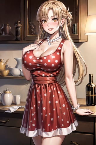 (best quality), (highly detailed), masterpiece, (official art),(aaasuna, long hair, brown hair:1.2, braid, brown eyes,),(Stepford),lips, makeup, lipstick,red lips,smile, (hand on own chest),(polka dot:1.4), (polka dot dress:1.4),(pearl necklace:1.2), pearl bracelet, bare shoulders,(red dress:1.2),(aroused), nose blush ,standing, big breasts, (large pearl necklace), (hoop earrings:1.2), (intricately detailed, hyperdetailed), blurry background,depth of field, best quality, masterpiece, intricate details, tonemapping, sharp focus, hyper detailed, trending on Artstation,1 girl, high res,facing viewer, official art