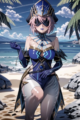 ((best quality)),  ((highly detailed)), (lisbeth, pink hair, hairclip, freckles) , masterpiece, 1girl,  evil smile:1.2, smug, seductive smile, solo, ,lips, makeup, ,standing,  ((blindfold, mask, eye mask)),MirrorMaiden, dress, cleavage, makeup, lipstick, ((blue lips:1.2)), blue headwear, hat, fur trim, blue gloves, gloves, elbow gloves, white pants,boots,  blush, beach, sand, water, posing, outdoors,<lora:659111690174031528:1.0>