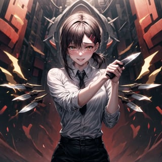 ((best quality)),  ((highly detailed)),  masterpiece,  ((official art)), 
1girl, solo, cute, brown eyes, black hair, swept bangs, single sidelock, red hairclip, lips, ((knife, holding knife)), pose:1.2, smile,sweating, crying, blushing, ,white collared shirt, black necktie, black pants, formal,cowboy shot,  (cyberpunk:1.2),  girl,  outdoors, dramatic reveal,  suspenseful,  urban environment,  mysterious ambiance,  dramatic lighting,  cinematic scene,  self-transformation,  supernatural,  otherworldly,  metamorphosis,  mystical,  mystical energy,  power awakening.,  intricately detailed,  hyperdetailed,  blurry background, depth of field,  best quality,  masterpiece,  intricate details,  tonemapping,  sharp focus,  hyper detailed,  trending on Artstation, 1 girl,  high res,  official art,kobeni higashiyama,Kobeni ,fantasy00d