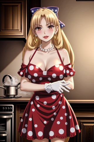 ((best quality)),  ((highly detailed)),  masterpiece,1girl, 1girl,  seductive smile, solo,   (Stepford),lips, makeup, lipstick,red lips, (pose),(polka dot:1.4), (polka dot dress:1.4),(pearl necklace:1.2), pearl bracelet, bare shoulders,(red dress:1.2),aroused, blush ,standing,  (large pearl necklace), (hoop earrings:1.2), looking at viewer, standing, cowboy shot, kitchen, cooking, indoors, house, windows, cortain, food,luviagelita edelfelt, hair bow, gloves, smug,<lora:659111690174031528:1.0>