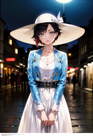 (best quality), (highly detailed), masterpiece, (official art), ,(ruby rose:1.2), lips, lips, ((long sleeves, hat, dress, ribbon, closed mouth, collarbone, jacket,  belt, white dress, blurry background, white headwear, hat ribbon, blue ribbon, blue jacket, cropped jacket, sun hat, v arms)), looking at viewer, china, asiática, city, night, sky,  (intricately detailed, hyperdetailed), blurry background,depth of field, best quality, masterpiece, intricate details, tonemapping, sharp focus, hyper detailed, trending on Artstation,1 girl, high res, official art,StandingAtAttention