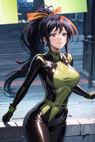 ((best quality)),  ((highly detailed)),  masterpiece,  ((official art)),   (akeno himejima, ponytail, black hair, high school dxd:1.2), red eyes, earrings, (microchip:1.2), cyberpunk, paris, ruin, water drop, (shegosuit), green bodysuit, latex ,smile, lips, pose, cowboy_shot, scenery, intricately detailed,  hyperdetailed,  blurry background, depth of field,  best quality,  masterpiece,  intricate details,  tonemapping,  sharp focus,  hyper detailed,  trending on Artstation, 1 girl,  high res,  official art,akeno himejima