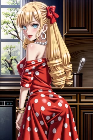 ((best quality)),  ((highly detailed)),  masterpiece,1girl, 1girl,  seductive smile, solo,   (Stepford),lips, makeup, lipstick,red lips, (pose),(polka dot:1.4), (polka dot dress:1.4),(pearl necklace:1.2), pearl bracelet, bare shoulders,(red dress:1.2),aroused, blush ,standing,  (large pearl necklace), (hoop earrings:1.2), looking at viewer, standing, cowboy shot, kitchen, cooking, indoors, house, windows, cortain, food,ClaireFran ,jewelry,bangs,drill hair, hair bow, blue eyes, bow ,blonde hair, long hair,drill hair,ass, ass focus, looking back,,<lora:659111690174031528:1.0>