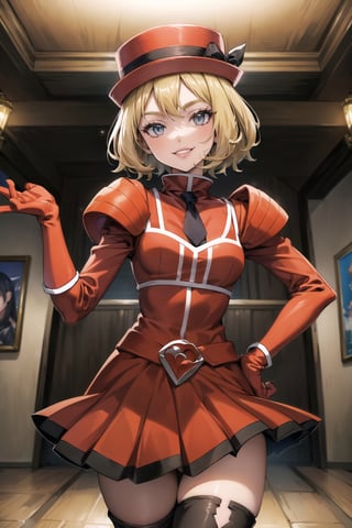 (best quality), (highly detailed), masterpiece, (official art),serena, hat, red hat , short hair, (team flare:1.2), gloves,juliet_sleeves, long_sleeves , pleated skirt, thighhighs, hat, thigh boots, dress, belt, red dress, pantyhose, (lips:1.2), grin, smirk, (seductive pose:1.2), cowboy shot, looking at viewer, indoors, blurry background,depth of field, best quality, masterpiece, intricate details, tonemapping, sharp focus, hyper detailed, trending on Artstation,