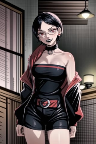 (best quality), (highly detailed), masterpiece,  (Black lips:1.4), ((smirk, grin, naughty face, seductive smile, smug)), (makeup:1.5), (lips:1.3), sarada, (mangekyou sharingan:1.2),  jewelry, earrings , choker, glasses, collarbone, bare shoulders, jacket ,  open jacket, strapless, black shorts, red belt, cowboy shot,lips, parted lips, light smile ,looking at viewer, window,  indoors,scenery, intricately detailed, hyperdetailed, blurry background,depth of field, best quality, masterpiece, intricate details, tonemapping, sharp focus, hyper detailed, trending on Artstation,1 girl, high res, official art,,,,<lora:659111690174031528:1.0>
