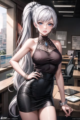 ((best quality)),  ((highly detailed)),  masterpiece,  ((official art)), (weiss schnee, side ponytail, earrings),lips, sleeveless, bare shoulders, figure, turtleneck, black shirt, black pencil skirt,office, lady office, print skirt, floral print, high-waist skirt, shirt_tucked_in, building, bracelet, parted lips, cellphone picture, indoors, intricately detailed, hyperdetailed, blurry background, depth of field, best quality, masterpiece, intricate details, tonemapping, sharp focus, hyper detailed, trending on Artstation, 1 girl, high res, official art,