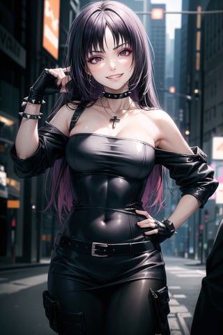 ((best quality)),  ((highly detailed)),  masterpiece,  ((official art)),  detailed face,  beautiful face,  (detailed eyes,  deep eyes),(science fiction, cyberpunk, street,dark background),((smirk, grin, naughty face, seductive smile, smug, arm behind head, hand_on_own_hip, head_tilt)),, ,cowboy shot,(lips), ,sumire kakei:1.2, long hair:1.2, purple hair,  (red eyes),  cross-laced clothes, (spiked bracelet), necklace, corset, bustier, hoop earring, curvaceous, voluptuous body, navel, (makeup:1.3) (lips:1.3), (latex), (black top), (black tube top:1.2), gloves, fingerless gloves, jacket, skirt, black choker, black leather jacket, (dark jacket), belt, pencil skirt, pantyhose, open jacket, miniskirt, (black skirt), black gloves, black legwear, black choker, medium breast, conspicuous elegance, snobby, upper class elitist, possesses an arroaant charm. her Dresence commands attention and enw, (intricately detailed, hyperdetailed), blurry background, depth of field, best quality, masterpiece, intricate details, tonemapping, sharp focus, hyper detailed, trending on Artstation, 1 girl, solo, high res, official art