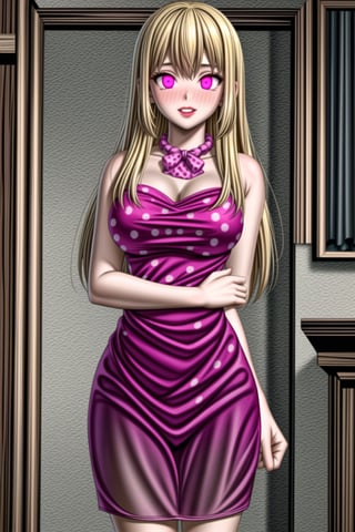 (best quality), (highly detailed), masterpiece, (official art),(ruri,blonde hair, long hair),(Stepford),lips, makeup, lipstick,red lips,smile, (pose),(polka dot:1.4), (polka dot dress:1.4),(pearl necklace:1.2), pearl bracelet, bare shoulders,(red dress:1.2),(aroused), nose blush ,standing, big breasts, (large pearl necklace), (hoop earrings:1.2), (intricately detailed, hyperdetailed), blurry background,depth of field, best quality, masterpiece, intricate details, tonemapping, sharp focus, hyper detailed, trending on Artstation,1 girl, high res,facing viewer, official art,<lora:659111690174031528:1.0>