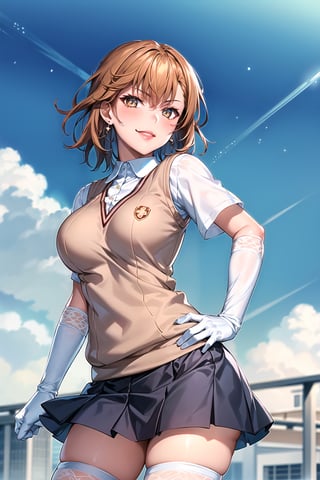 ((best quality)),  ((highly detailed)),  masterpiece,1girl, ((closed_mouth, sparkling_eyes, smug, shaded_face,evil smile)),(large breasts), tokiwadai school uniform, sweater vest, short sleeves, (](white gloves, elbow gloves)), pleated skirt, white thighhighs ,1girl, lips:1.3, red lips, makeup:1.3, ((gyaru)) ,jewelry, blush, earrings, looking at viewer, standing, cowboy shot, red hair, school, short hair, aamikoto 