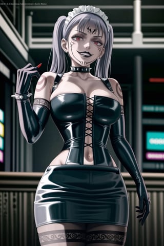 ((best quality)),  ((highly detailed)),  masterpiece, (Black lips:1.4),  ((official art)),  detailed face,  beautiful face, narrow_waist:1.3, dominatrix:1.3,puffy_short_sleeves, (sukunatattoo:1.3, maid:1.4) , (intricate black dress:1.4),top tube,  navel, midriff, (pubic tattoo:1.3), (detailed eyes,  deep eyes),(science fiction, cyberpunk:1.3, street, shopping, dark background),((smirk, grin, naughty face, seductive smile, smug)) ,,(lips), ((noelle_silva, silver hair,twintails, bangs, earrings, jewelry)) ,(red eyes:1.3),  cross-laced clothes:1.3, (spiked bracelet), corset:1.4, hoop earring, curvaceous, voluptuous body, (makeup) (lips:1.3), (latex),  (black tube top:1.2), gloves, elbow gloves, skirt, black choker, belt, pencil skirt, pantyhose, miniskirt, (black skirt), black gloves, black legwear, black choker ,large breasts, (intricately detailed, hyperdetailed), blurry background, depth of field, best quality, masterpiece, intricate details, tonemapping, sharp focus, hyper detailed, trending on Artstation, 1 girl, solo, high res, official art,RockOfSuccubus,,StandingAtAttention,,<lora:659111690174031528:1.0>