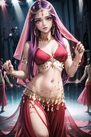 ((best quality)),  ((highly detailed)),  masterpiece,1girl, 1girl, expressionless, ( lips), makeup ,red lips, (dance pose:1.3), ((belly dance, belly dance clothes)), ((red clothes)), provocative look, nightclub scene, neon lights, belly dance,(aroused), blush ,standing, ((makeup:1.2)), (((jewlery))),(earrings:1.2), blush,, looking at viewer, standing, slave, ballroom slave  market,(dutch angle), Saori, long hair, purple hair, (pink eyes),(((wearing belly dance dress,face_veil))),jyojifuku, ((empty eyes))