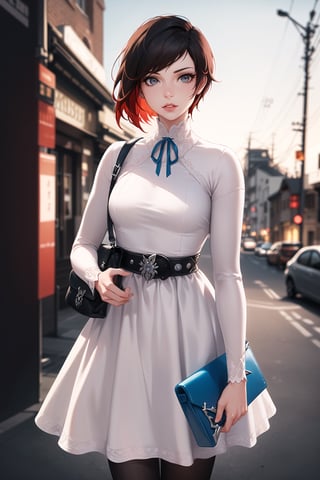 (best quality), (highly detailed), masterpiece, (official art), ,(ruby rose), ((lbob cut)), lips, lips, (( (white dress),  blue ribbon, bag, belt, white dress, ribbon, handbag, long sleeves, standing, white legwear, holding,  holding bag, long skirt, v arms)), looking at viewer, city, night, sky,  (intricately detailed, hyperdetailed), blurry background,depth of field, best quality, masterpiece, intricate details, tonemapping, sharp focus, hyper detailed, trending on Artstation,1 girl, high res, official art,StandingAtAttention,bestiality,Weiss_RWBY