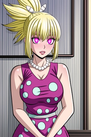 (best quality), (highly detailed), masterpiece, (official art),(kohaku, blonde hair, blue eyes, hair ornament, ponytail),(Stepford),lips, makeup, lipstick,red lips,smile, (pose),(polka dot:1.4), (polka dot dress:1.4),(pearl necklace:1.2), pearl bracelet, bare shoulders,(red dress:1.2),(aroused), nose blush ,standing, big breasts, (large pearl necklace), (hoop earrings:1.2), (intricately detailed, hyperdetailed), blurry background,depth of field, best quality, masterpiece, intricate details, tonemapping, sharp focus, hyper detailed, trending on Artstation,1 girl, high res,facing viewer, official art,,boichi anime style,,,<lora:659111690174031528:1.0>