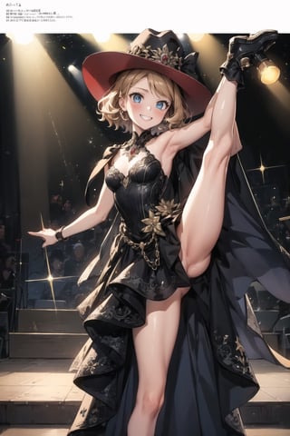 ((best quality)),  ((highly detailed)),  masterpiece,  ((official art)),  serena, 1girl, solo, orange hair, blue eyes, blonde hair, short hair, hat, red headwear, wrenchelegadome, black dress, layered dress, long dress, stage, stage lights, spotlight, concert, audience,  standing split, standing on one leg, grin, blush