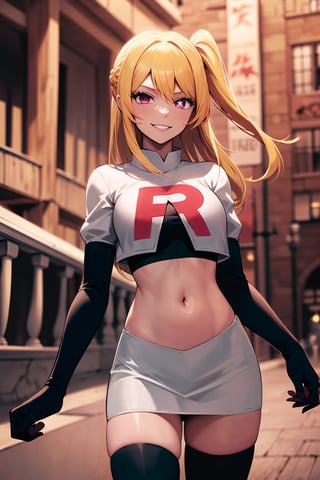 (best quality), (highly detailed), masterpiece, (official art),(hoshino_ruby, long hair, ((one side up))), posing, ( evil smile), Team Rocket, cropped jacket, white jacket, crop top, jacket, gloves, black gloves, elbow gloves, navel, midriff, white skirt, miniskirt, skirt, thighhighs,, looking at viewer, china, asiática, city, night, sky, (intricately detailed, hyperdetailed), blurry background,depth of field, best quality, masterpiece, intricate details, tonemapping, sharp focus, hyper detailed, trending on Artstation,1 girl, high res, official art,weiss schnee,hoshino_ruby