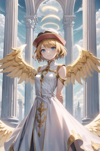 ((best quality)),  ((highly detailed)),  masterpiece,  ((official art)),  serena, 1girl, solo, orange hair, blue eyes, blonde hair, short hair, hat, red headwear, blessedtech, blessed, aura, medieval, angel, feathered wings, halo, white dress, arch, pillar, column, architecture, overgrown, vines, blue sky, wedding, arms behind back, smile, closed mouth